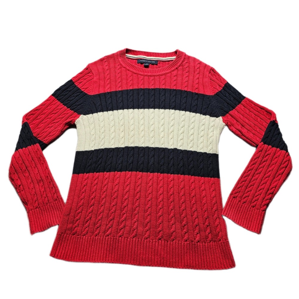 Tommy Hilfiger Sweater Womens L Red Navy‎ Striped Cable Knit Crew Neck Pullover